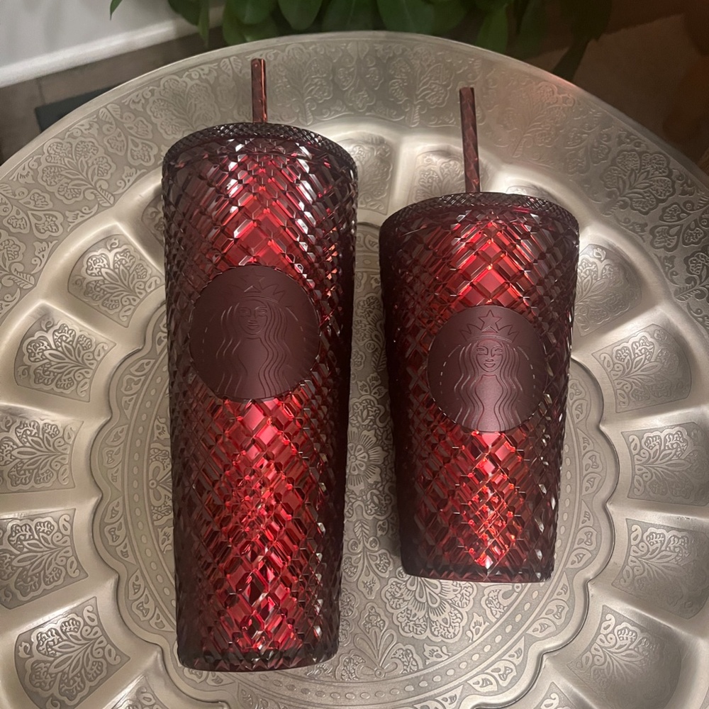 SET OF TWO NWT STARBUCKS 2022 SANGRIA RED 16 oz AND 24 oz Jeweled Tumblers - Picture 2 of 3